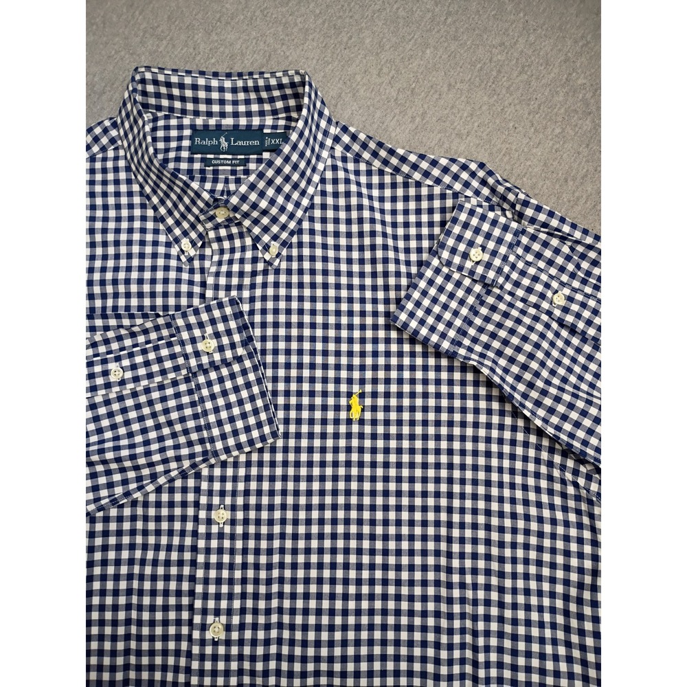 Ralph Lauren Mens XXL Custom Fit Gingham Button Down Shirt Navy Blue Yellow Pony